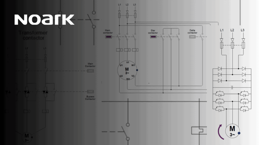 Diagrama técnico que representa la disposición conceptual de circuitos eléctricos, incluidos componentes como transformadores, arrancadores de motor y contactores. El logotipo de Noark ocupa un lugar destacado en la parte superior izquierda.