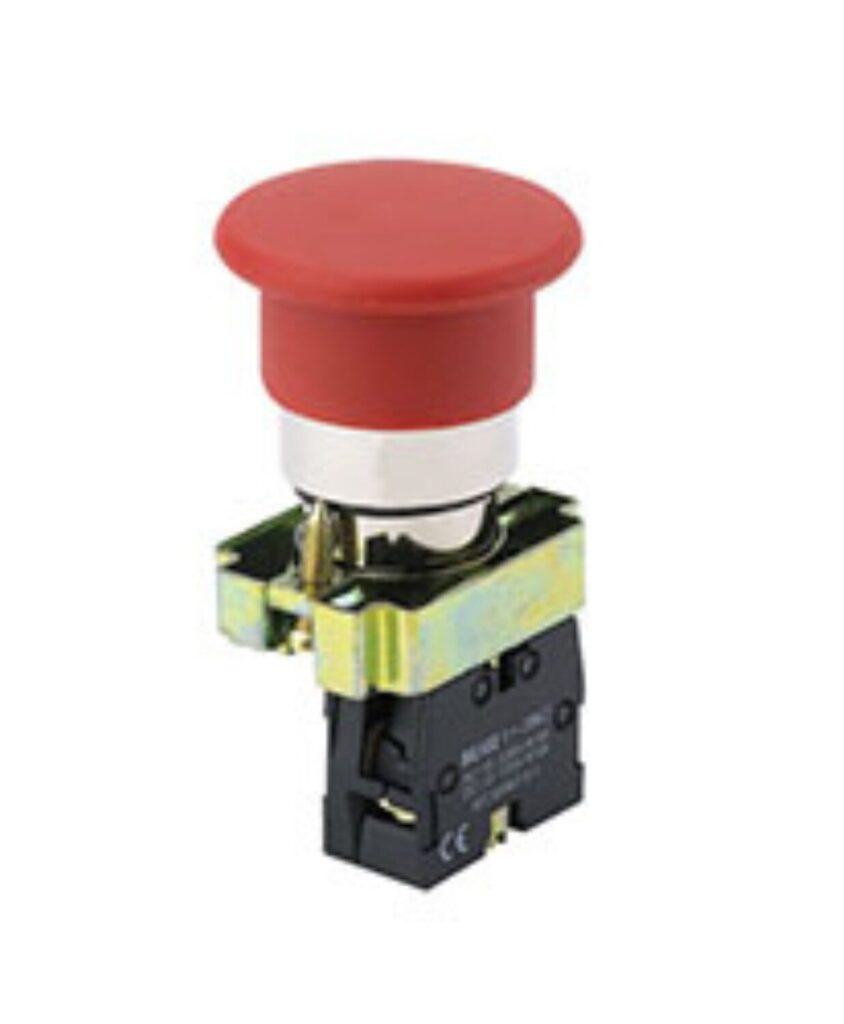 Botón rojo de parada de emergencia con base metálica y soporte de montaje de plástico negro, utilizado para el control de seguridad de maquinaria.
