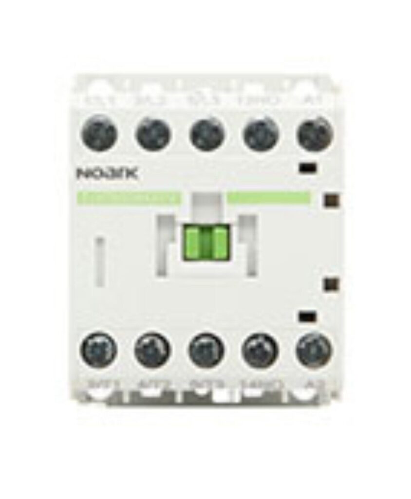 A white electrical device with multiple screw positions, labeled "NO3RK," featuring a green double-button in the center.