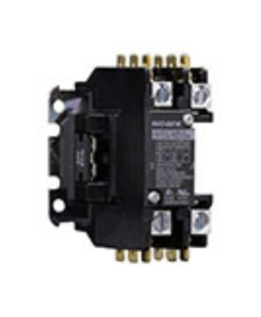 Contactor eléctrico negro con múltiples terminales y tornillos, utilizado para conmutar un circuito eléctrico.