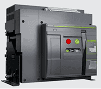 Un disyuntor eléctrico negro y gris con un prominente botón rojo e interruptores de control en el panel frontal.