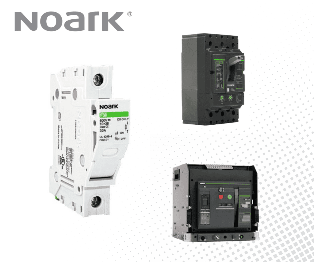 Se muestran tres disyuntores eléctricos Noark diferentes, cada uno en un cuadrante separado sobre un fondo degradado de puntos, con el logotipo Noark en la esquina superior izquierda.