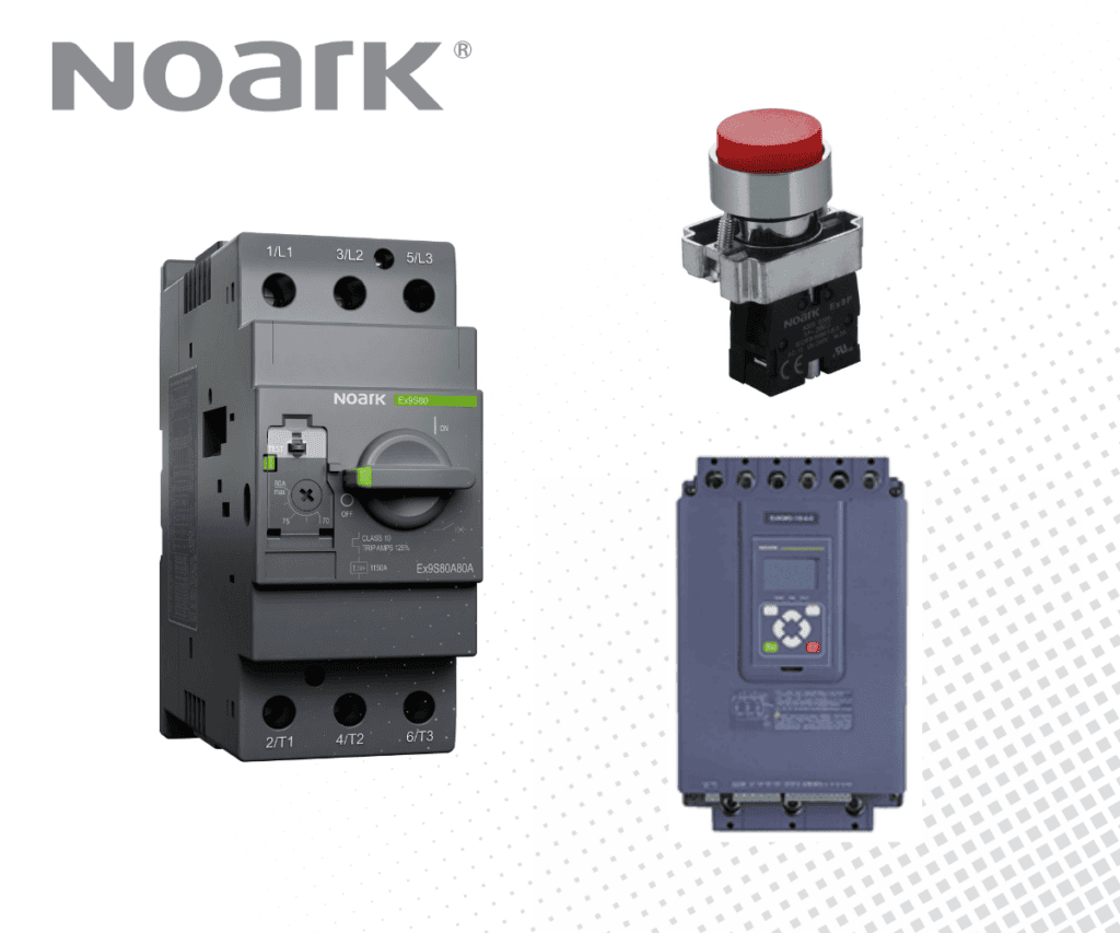 Se muestran tres componentes eléctricos: un disyuntor gris, un interruptor pulsador rojo y un controlador digital azul.