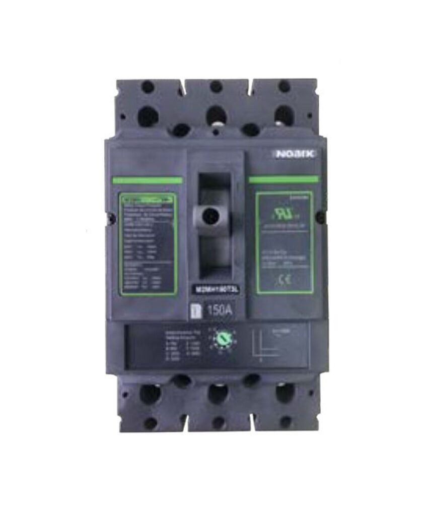 Un disyuntor eléctrico negro y verde con indicadores etiquetados y una potencia nominal de 150 A. Dispone de múltiples orificios para su montaje.