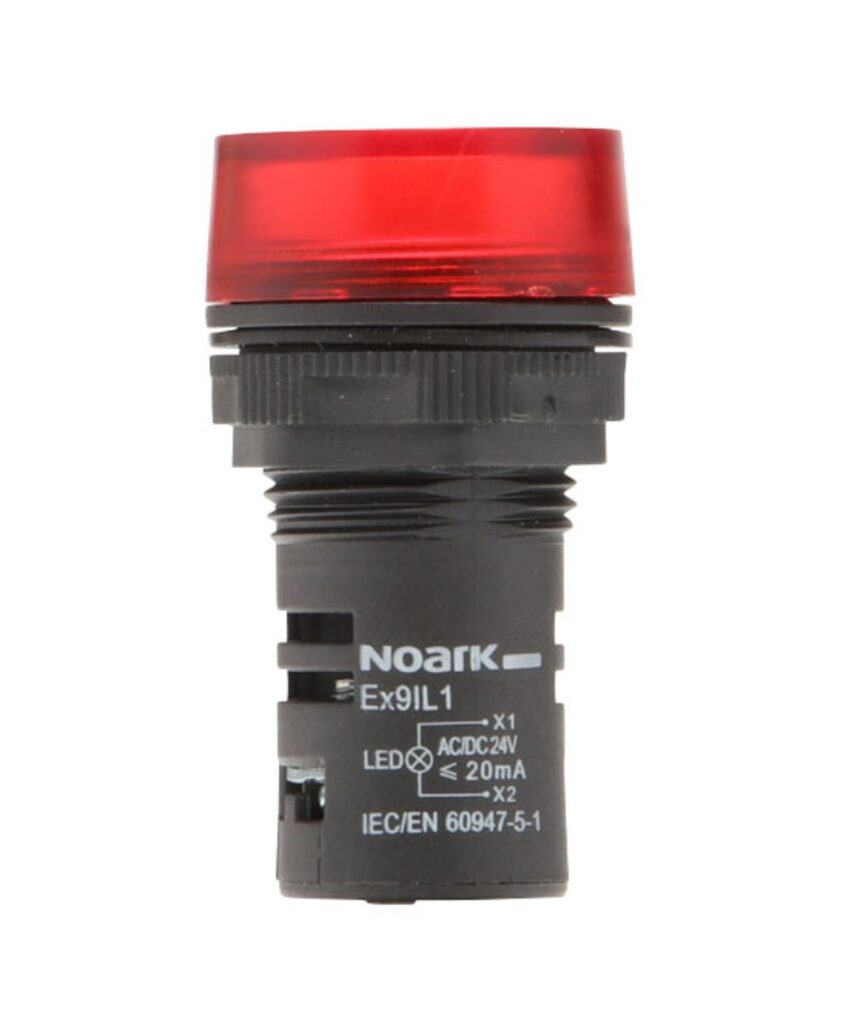 Indicador luminoso rojo con base negra etiquetado "Noark" y número de modelo "Ex9IL1". Muestra detalles técnicos como voltaje y normas.