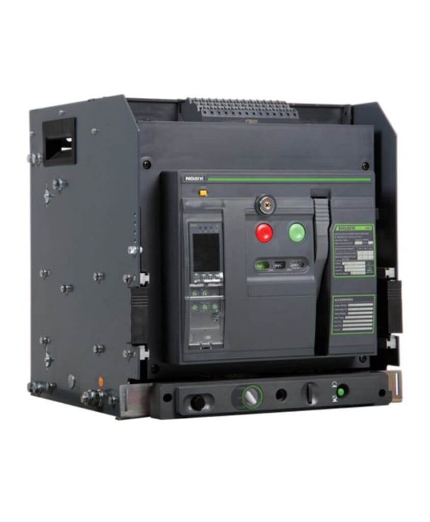 Panel de disyuntores negro con botones e indicadores en la parte frontal. Incorpora una pantalla digital y varios interruptores para el control y la supervisión del estado.
