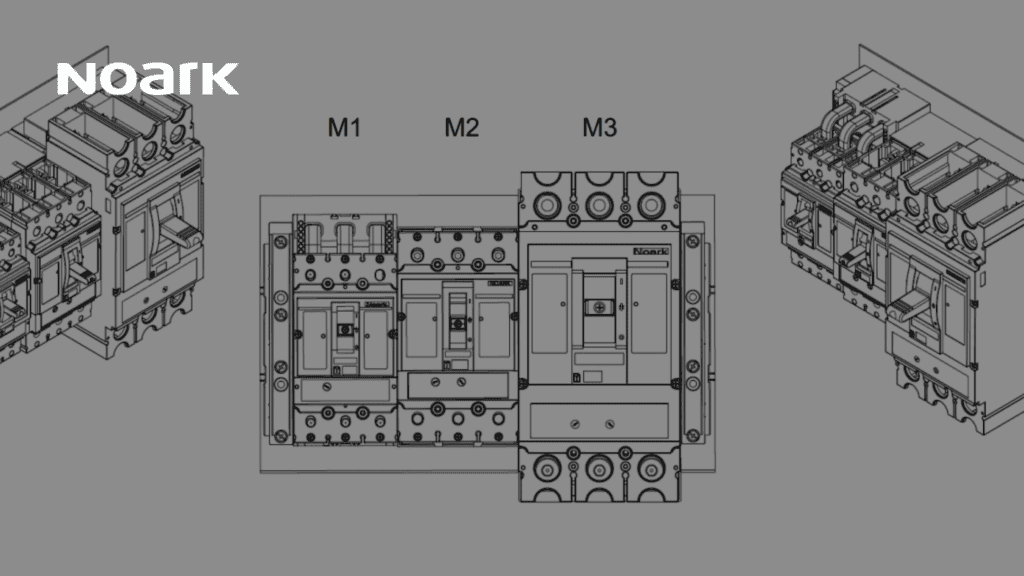 Un diagrama técnico muestra tres componentes eléctricos, M1, M2 y M3, junto con sus estructuras internas detalladas. La marca "Noark" aparece en la esquina superior izquierda, mientras que un adaptador de barra colectora ocupa un lugar destacado en el diseño.
