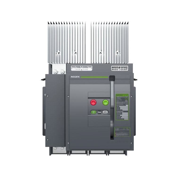 El panel ASD16 presenta una fachada gris con dos botones destacados, rojo y verde, en una superficie elegante. Las aletas plateadas de la parte superior disipan el calor, mientras que los interruptores de desconexión de CC integrados mejoran su funcionalidad y seguridad.