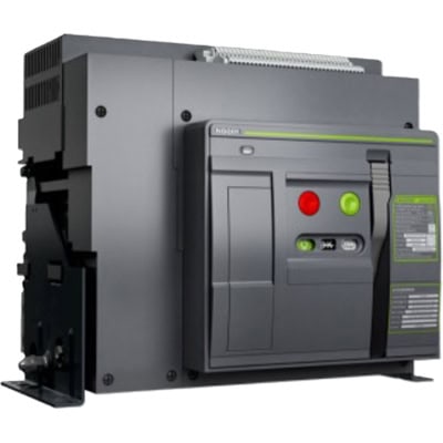 Un disyuntor ASD25 negro y gris con indicadores luminosos verde y rojo, con varios botones y una palanca en su panel frontal, ejemplifica la precisión que se encuentra en los seccionadores de CC.