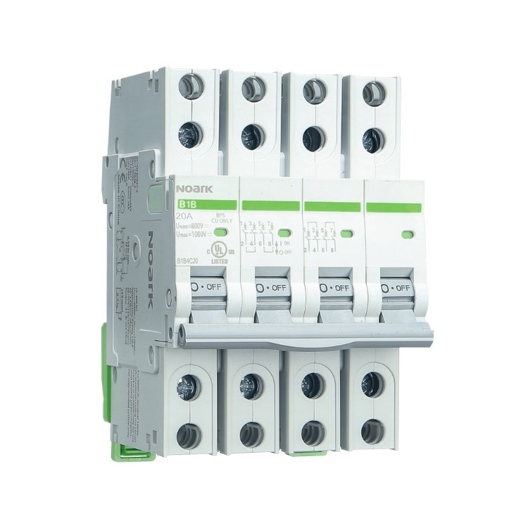 Disyuntor tetrapolar con interruptores ON/OFF, etiquetado "NOARK B1B", de 20 A y 400 V.