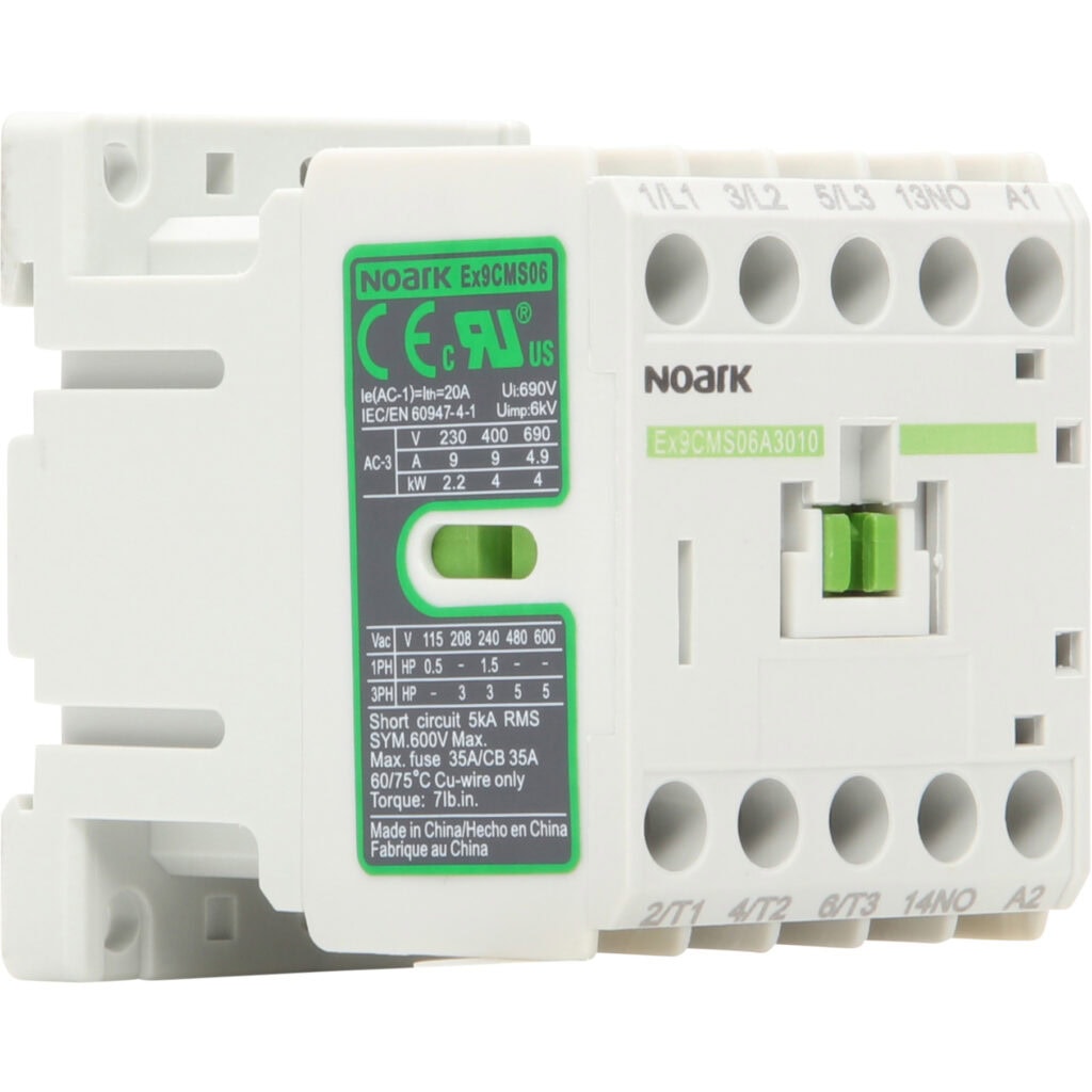 A white Noark electrical component from the Ex9CM Series, complete with labels and specifications such as voltage and current ratings, is depicted. It features several connection points and a green label with additional details characteristic of mini contactors.