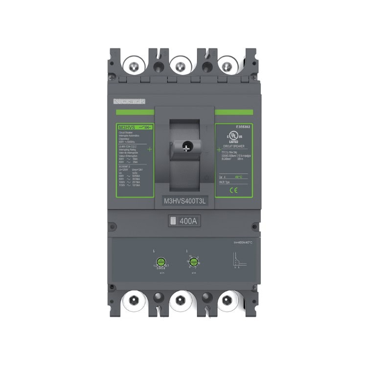 Disyuntor gris con etiquetas verdes, parte de la serie Ex9MHV, con etiqueta M3HVS400T3L y capacidad nominal de 400A. Las características incluyen interruptores, botones y puntos de conexión.