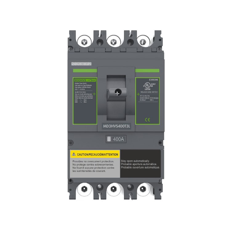 El disyuntor Ex9MDHV serie 400A cuenta con indicadores etiquetados, terminales de tornillo y señales de precaución bilingües en inglés y francés para una mayor seguridad y comodidad.