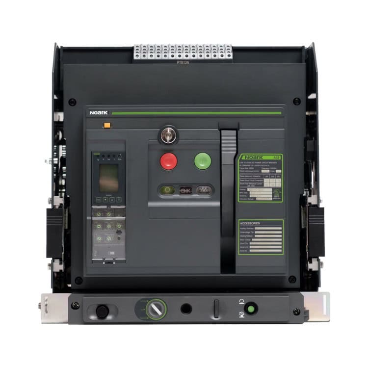 Vista frontal del disyuntor electrónico de la serie A32 con varios botones de control, pantalla de visualización y etiquetas, montado en un panel vertical.