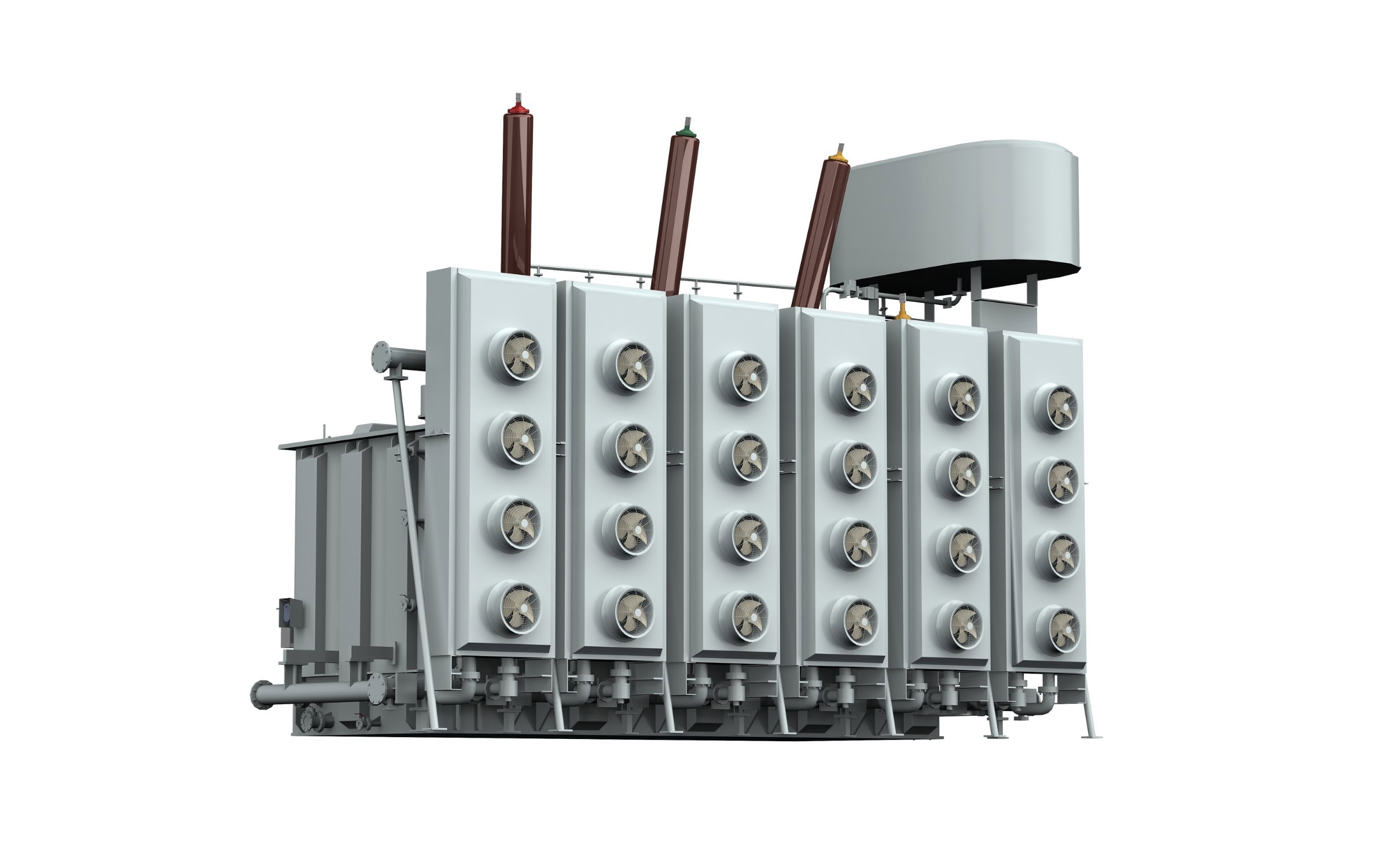 Gran transformador eléctrico industrial con múltiples componentes cilíndricos, tres aisladores verticales en la parte superior y una carcasa superior en el lado derecho.