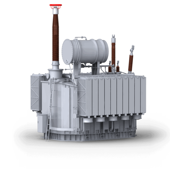 Un gran transformador eléctrico, esencial para la transmisión de energía, presenta tres altos aisladores marrones y un componente cilíndrico en la parte superior. Incluye una escalera lateral y múltiples aletas para una disipación eficaz del calor.