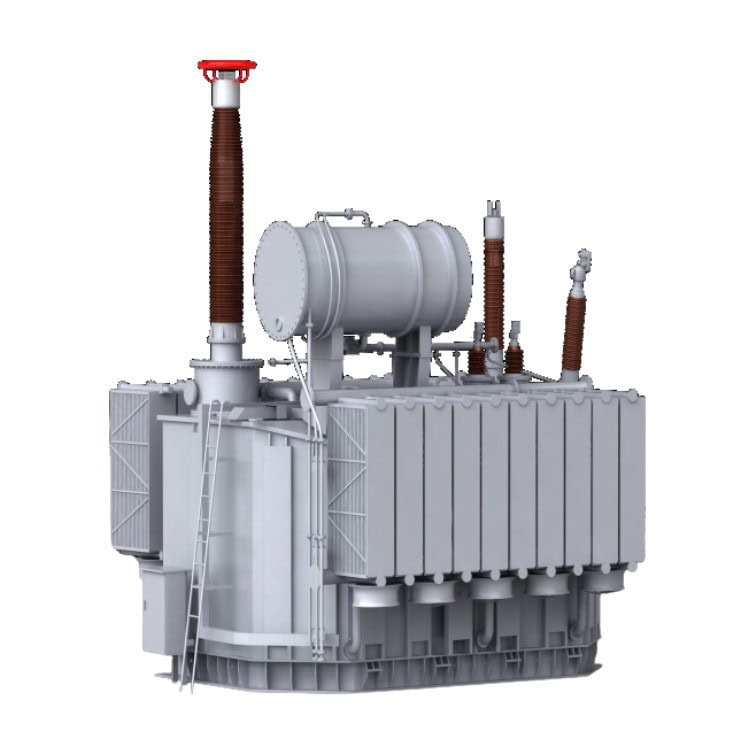 Un gran transformador industrial equipado con aletas de refrigeración, casquillos y una escalera, diseñado por expertos para la distribución y transmisión de electricidad.