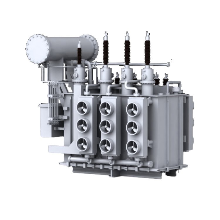 Imagen de un gran transformador industrial con múltiples componentes cilíndricos, aletas de refrigeración y aisladores montados en la parte superior, diseñado para una transmisión eficaz de la energía. Sobre un fondo blanco liso, muestra el papel fundamental que desempeña en el ámbito de la transmisión y la distribución.