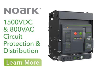 Imagen de un disyuntor Noark con texto: "Protección y distribución de circuitos de 1500 VCC y 800 VCA". Un botón verde le invita a "Saber más" en nuestra página de blog para obtener información completa.