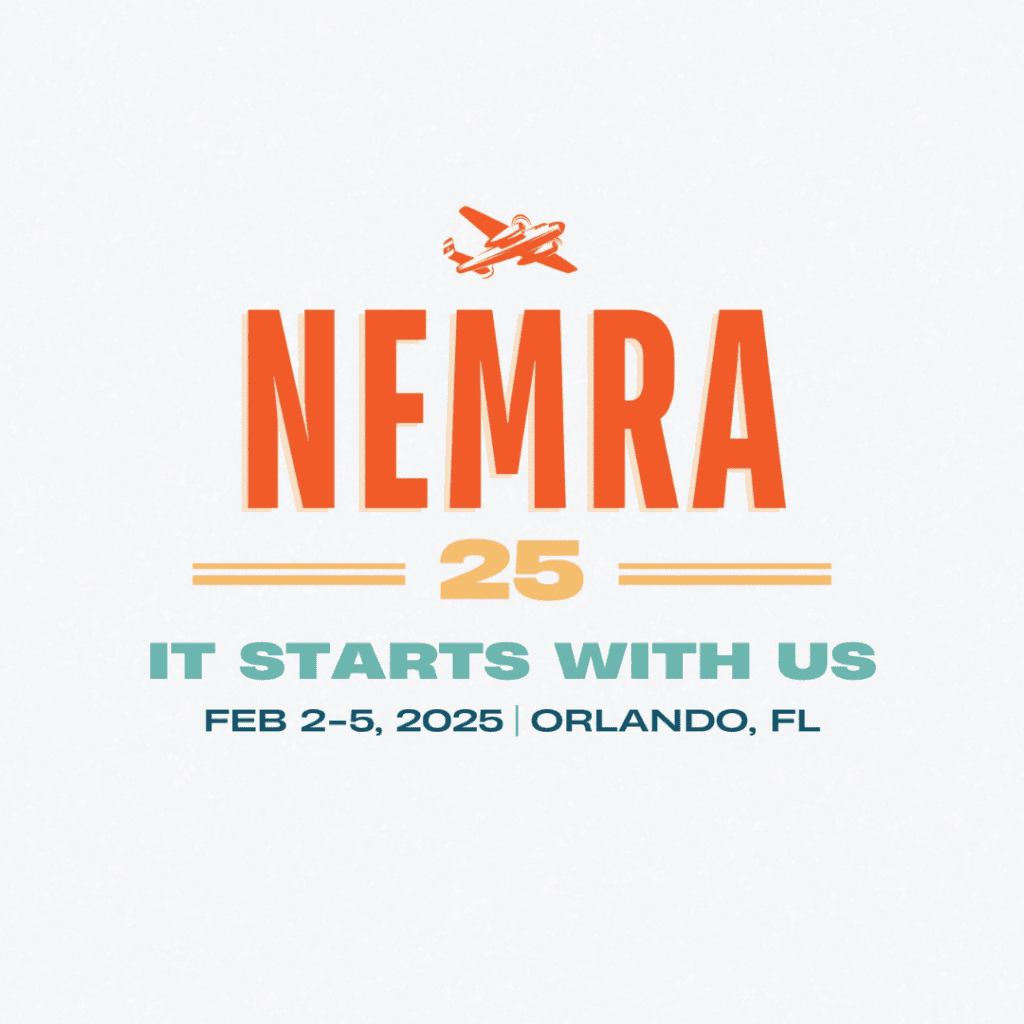 Cartel del acontecimiento NEMRA 25 con el logotipo de un avión. El texto dice: "It Starts With Us" y "Feb 2-5, 2025 | Orlando, FL.