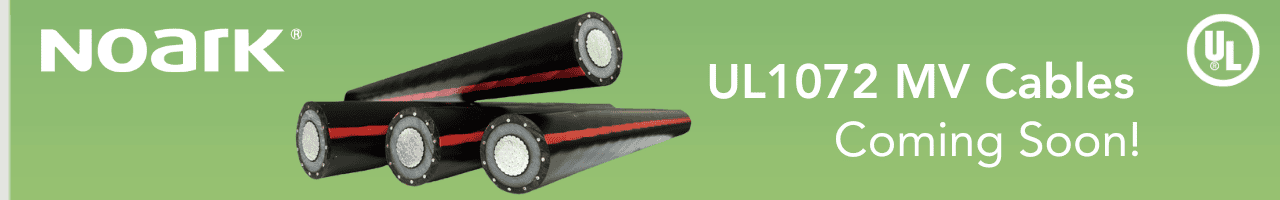 Anuncio publicitario de NOARK en el que se muestran elegantes cables de media tensión UL1072 negros con rayas rojas sobre un fondo verde vibrante. El texto dice: "Cables de MT UL1072 próximamente". Completos con el logotipo UL, estos cables son perfectos para las necesidades de transmisión y distribución de energía.