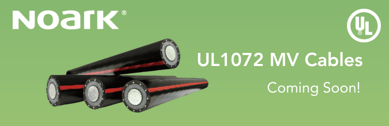 Anuncio publicitario que muestra tres elegantes cables de media tensión UL1072 negros con rayas rojas sobre un fondo verde. Con los logotipos de Noark y UL, y el texto: Cables de media tensión UL1072 para distribución de energía".