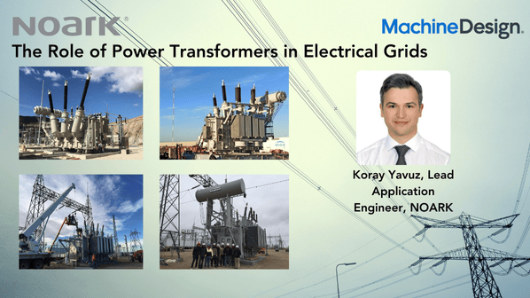 Collage sobre transformadores de potencia con cuatro imágenes transformadoras y un retrato de Koray Yavuz, ingeniero jefe de aplicaciones de NOARK. Con un título y logotipos en la parte superior, esta obra de arte capta la esencia de la innovación en la tecnología de los transformadores.