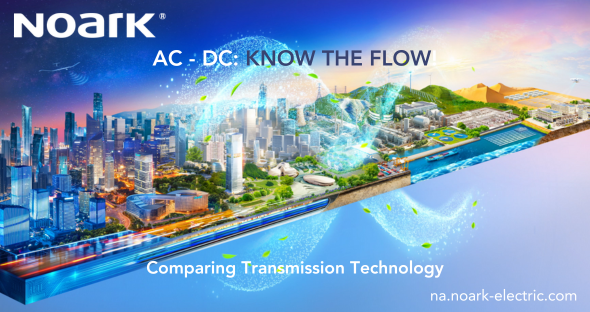 Un paisaje dividido de ciudad y campo con circuitos digitales superpuestos muestra "AC - DC: Conozca el flujo" y "Comparación de la tecnología de transmisión" utilizando corriente alterna y corriente continua.