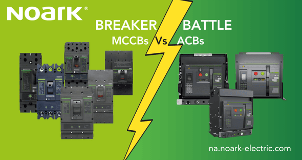Collage que ilustra varios disyuntores: Los MCCB a la izquierda y los ACB a la derecha, separados por un rayo. El texto dice "Breaker Battle: MCCBs vs ACBs". El fondo es verde.