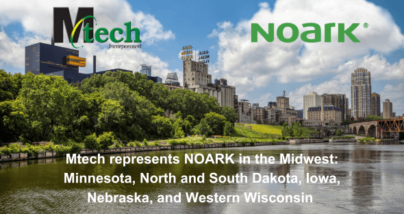 Un pintoresco horizonte con un río en primer plano muestra los logotipos de Mtech y NOARK. El texto destaca que Mtech representa con orgullo a NOARK en los estados del Medio Oeste, incluidos Minnesota, Dakota del Norte y del Sur, Iowa, Nebraska y el oeste de Wisconsin.