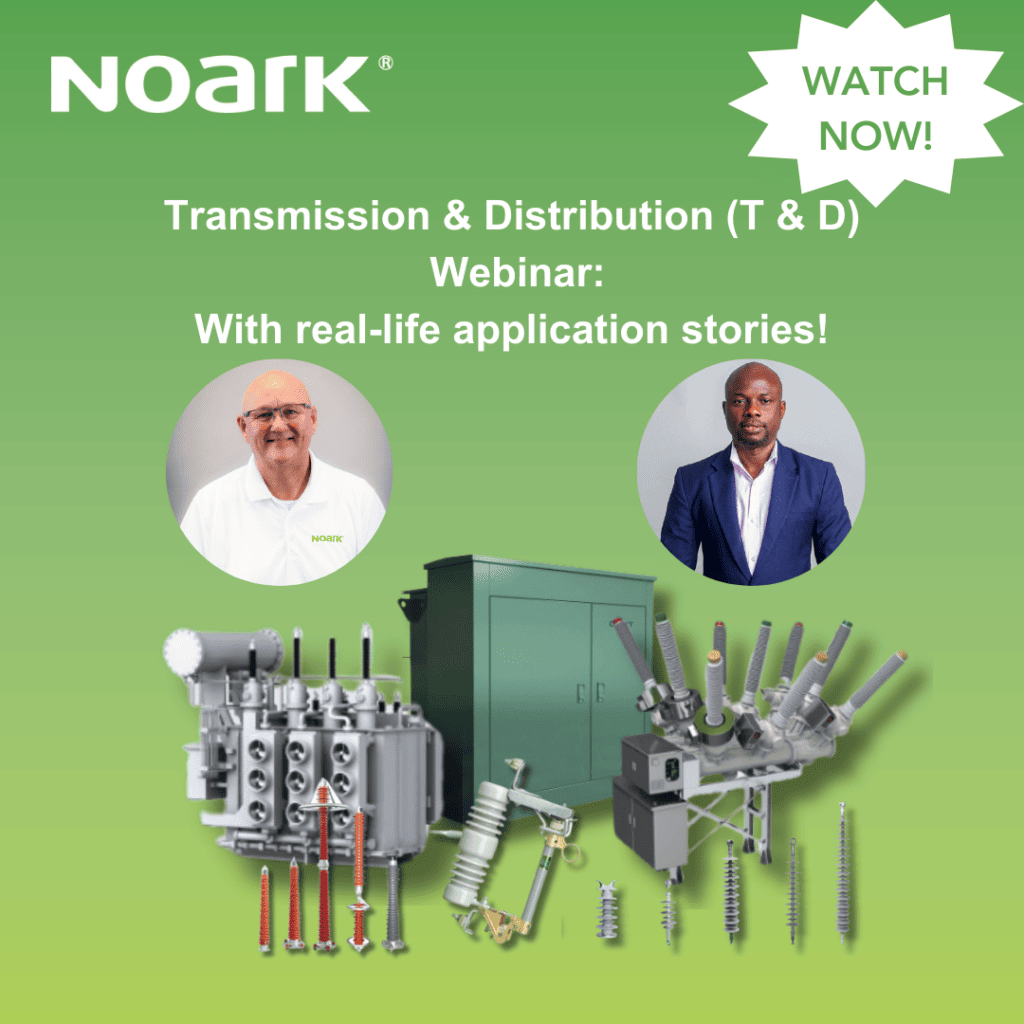 Imagen promocional del seminario web de Noark sobre transmisión y distribución (T&D), con historias de aplicaciones reales. Destacan dos presentadores, equipos eléctricos y el texto en negrita "¡Mírelo ahora! Ideal para quienes buscan información sobre los avances en AD y TD.